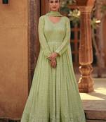 Green thread embroidered lucknowi anarkali gown with net dupatta