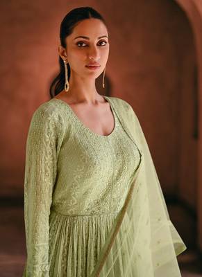Green thread embroidered lucknowi anarkali gown with net dupatta 2