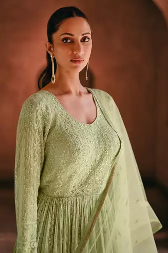 Green thread embroidered lucknowi anarkali gown with net dupatta