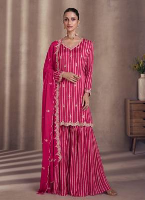 Pink embroidered georgette sharara style bollywood salwar kameez 1