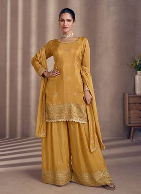 Mustard sequence embroidered georgette sharara style bollywood salwar kameez 1