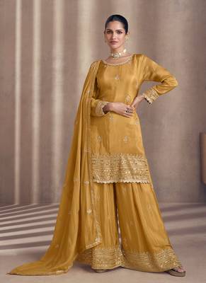 Mustard sequence embroidered georgette sharara style bollywood salwar kameez 2