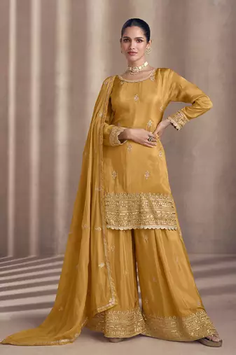 Mustard sequence embroidered georgette sharara style bollywood salwar kameez