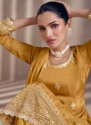 Mustard sequence embroidered georgette sharara style bollywood salwar kameez 3