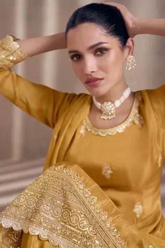Mustard sequence embroidered georgette sharara style bollywood salwar kameez