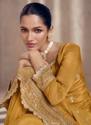 Mustard sequence embroidered georgette sharara style bollywood salwar kameez 4