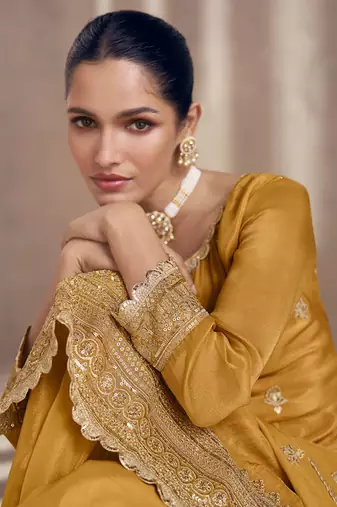 Mustard sequence embroidered georgette sharara style bollywood salwar kameez