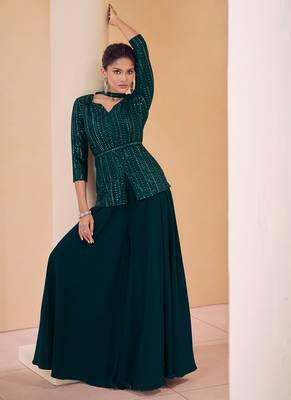 Teal green heavy sequence embroidered georgette bollywood straight suit 1