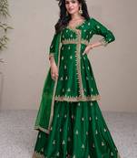 Green embroidered silk angrakha style sharara suit with dupatta