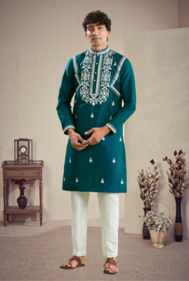 Green art silk embroidery kurta pajama 1