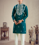 Green art silk embroidery kurta pajama