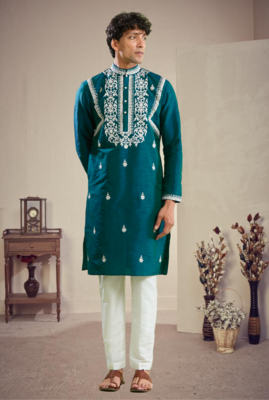 Green art silk embroidery kurta pajama 3