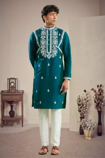 Green art silk embroidery kurta pajama