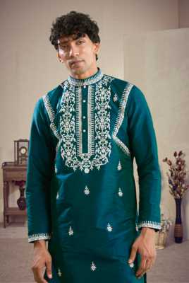 Green art silk embroidery kurta pajama 4