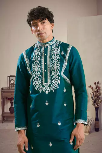Green art silk embroidery kurta pajama