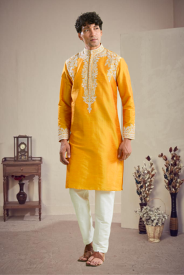 Yellow art silk embroidery kurta pajama set 1
