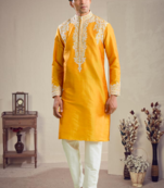 Yellow art silk embroidery kurta pajama set