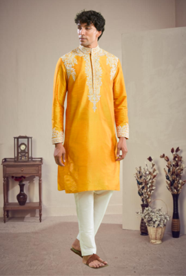 Yellow art silk embroidery kurta pajama set 2