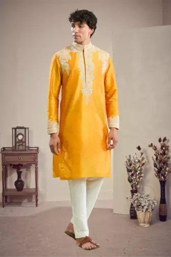 Yellow art silk embroidery kurta pajama set