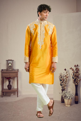 Yellow art silk embroidery kurta pajama set 3