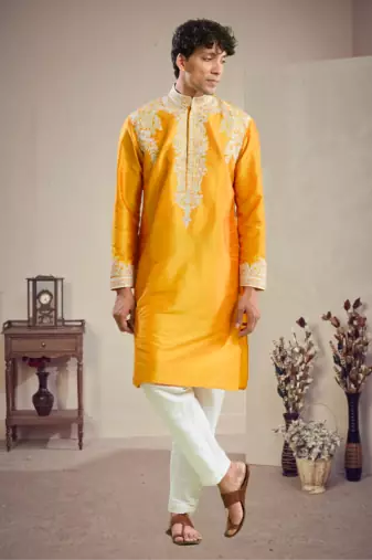 Yellow art silk embroidery kurta pajama set