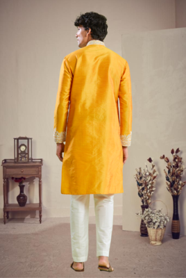 Yellow art silk embroidery kurta pajama set 4