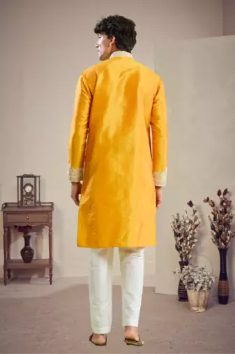 Yellow art silk embroidery kurta pajama set