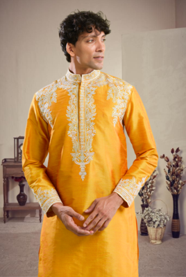Yellow art silk embroidery kurta pajama set 5