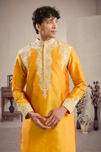 Yellow art silk embroidery kurta pajama set