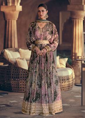 Multicolor printed georgette sequence embroidered anarkali gown with dupatta 1
