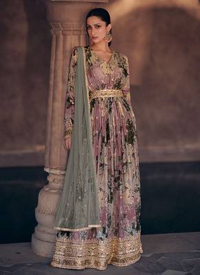 Multicolor printed georgette sequence embroidered anarkali gown with dupatta 2