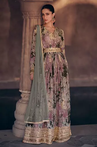 Multicolor printed georgette sequence embroidered anarkali gown with dupatta