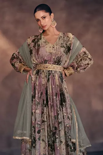Multicolor printed georgette sequence embroidered anarkali gown with dupatta