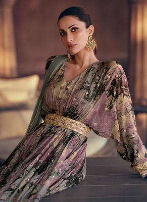 Multicolor printed georgette sequence embroidered anarkali gown with dupatta 4
