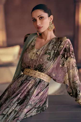 Multicolor printed georgette sequence embroidered anarkali gown with dupatta