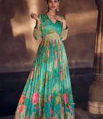 Cyan digital printed georgette embroidered anarkali gown with dupatta