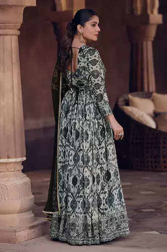 Black and white digital printed georgette anarkali gown with dupatta