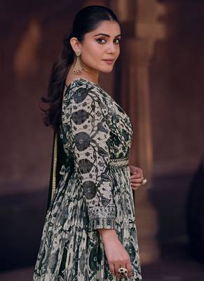 Black and white digital printed georgette anarkali gown with dupatta 3