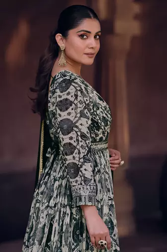 Black and white digital printed georgette anarkali gown with dupatta