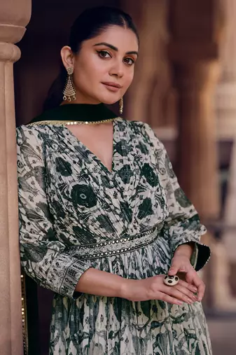 Black and white digital printed georgette anarkali gown with dupatta