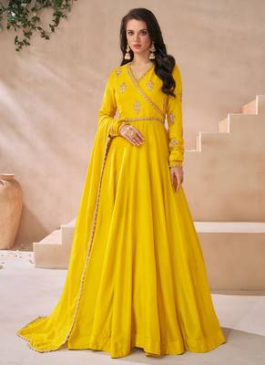 Yellow embroidered silk anarkali gown with dupatta 1