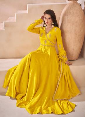 Yellow embroidered silk anarkali gown with dupatta 2
