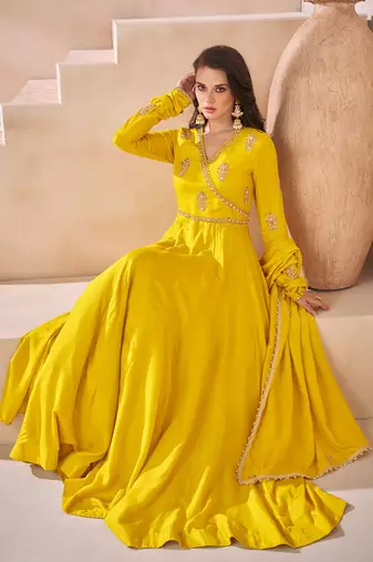 Yellow embroidered silk anarkali gown with dupatta