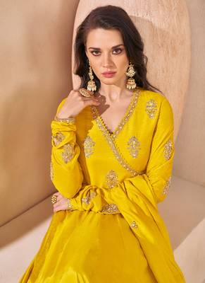 Yellow embroidered silk anarkali gown with dupatta 3