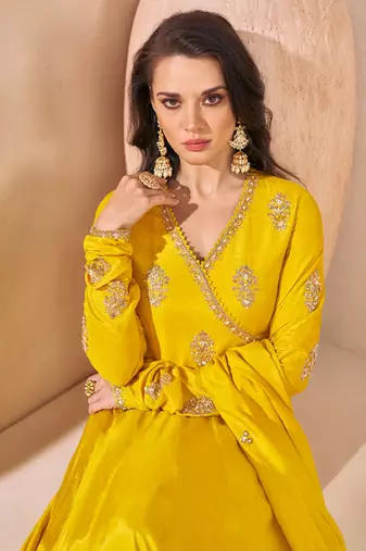 Yellow embroidered silk anarkali gown with dupatta