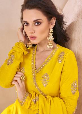 Yellow embroidered silk anarkali gown with dupatta 4