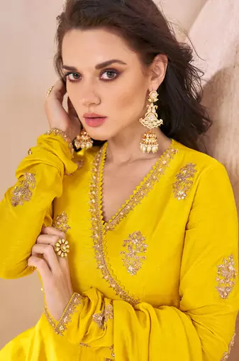 Yellow embroidered silk anarkali gown with dupatta