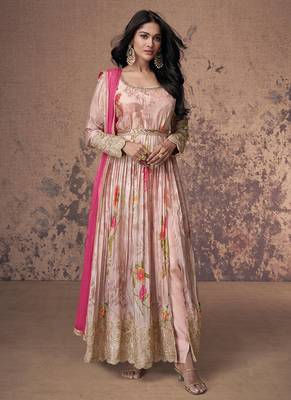 Blush pink floral print embellished front slit anarkali suit with dupatta 1