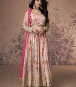 Blush pink floral print embellished front slit anarkali suit with dupatta