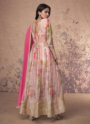 Blush pink floral print embellished front slit anarkali suit with dupatta 2